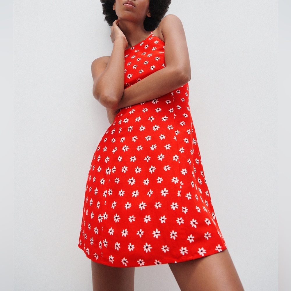 Zara Linen-blend Criss Cross Floral Tank Dress
